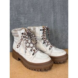 Now or Never Cream  Knit Collar Hiker Combat Boots Lug Sole Zip Up Womens 8.5M